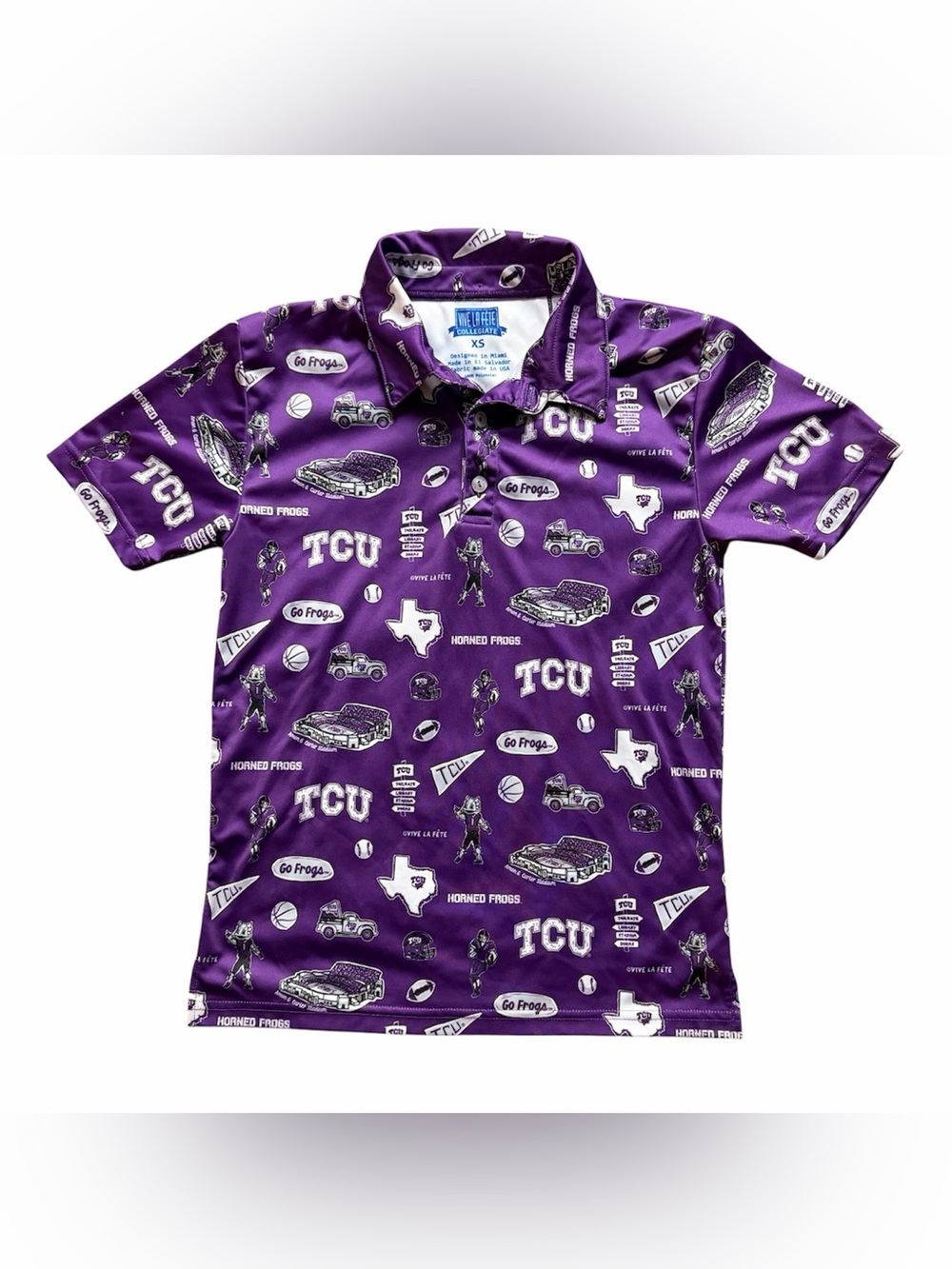 Vive La Fête TCU Horned Frogs Polo Shirt Purple All Over Print Youth XS NCAA